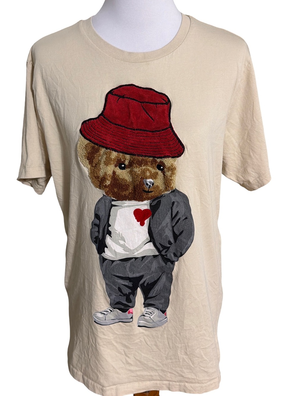 Beige Teddy Graphic Short Sleeve Tee Red Hat